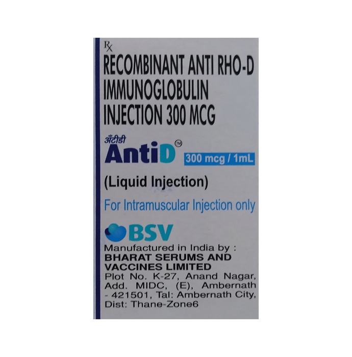 AntiD 300mcg/ml Injection – Anti Rh D Immunoglobulin (300mcg/ml) 300 mcg by Bharat Serums & Vaccines Ltd — photo 1 of 3