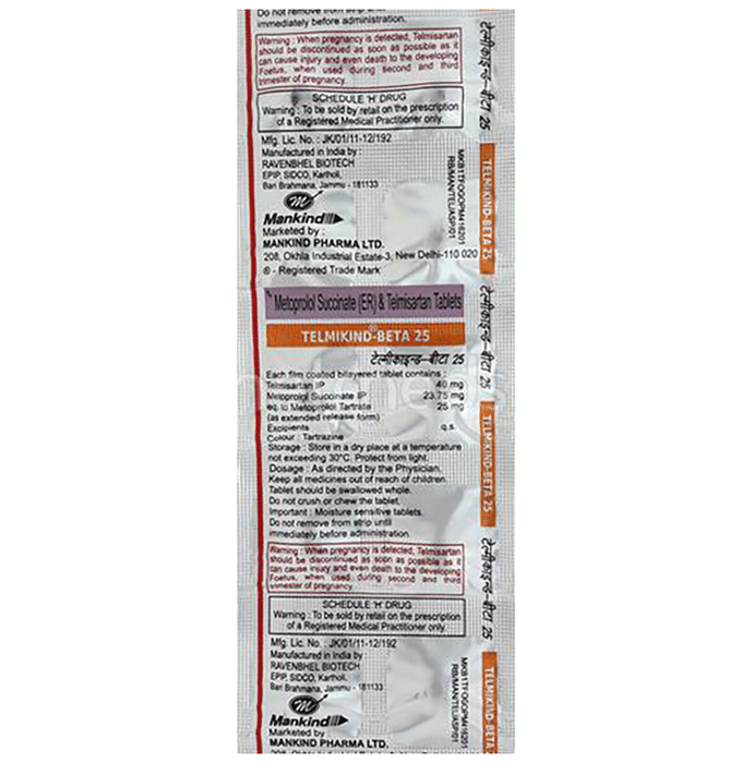 Telmikind Beta 40mg/25mg Tablet ER – Telmisartan (40mg) 40 mg by Mankind Pharma Ltd