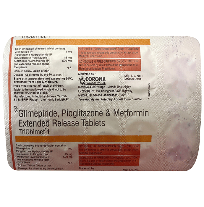 Triobimet 1mg/500mg/15mg Tablet ER – Glimepiride (1mg) 1 mg by Corona Remedies Pvt Ltd