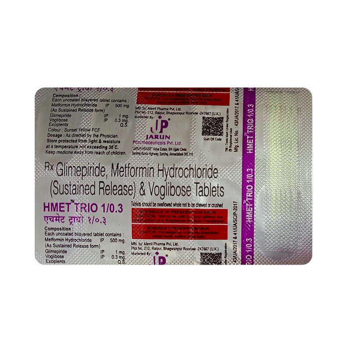 Hmet Trio 1/0.3 Tablet SR – Glimepiride (1mg) 0.3 mg by Jarun Pharmaceuticals — photo 1 of 2