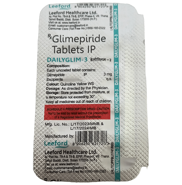Dailyglim 3mg Tablet – Glimepiride (3mg) 3 mg by Leeford Healthcare Ltd — photo 1 of 2